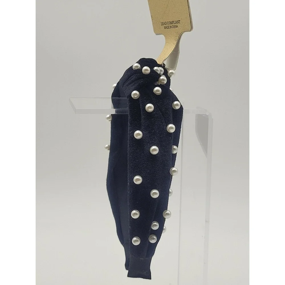 Natasha Headband Black Velvet Pearls Top Knot Preppy Gossip Girl Blair Waldorf